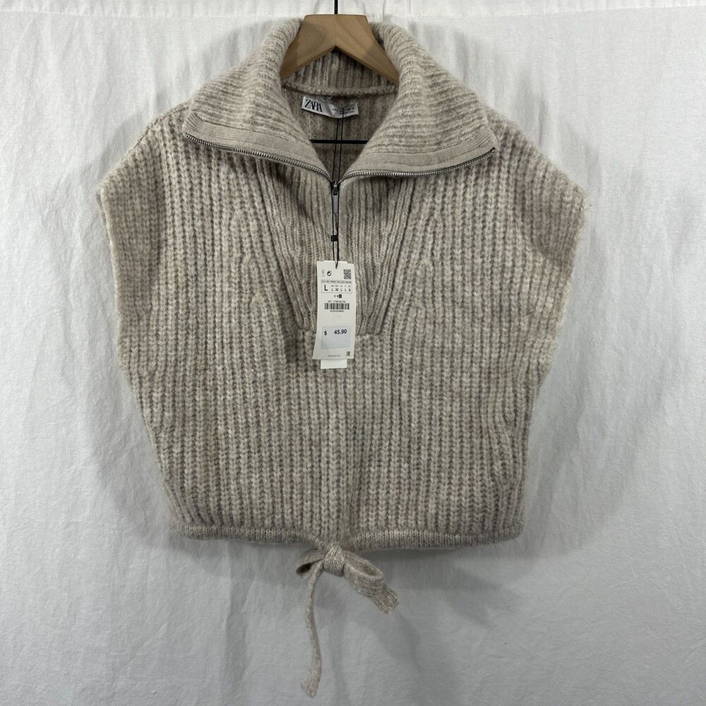 Zara Wool Blend 1/4 Zip Knit Poncho Sweater Vest Womens Sz L Cozy Tie Winter